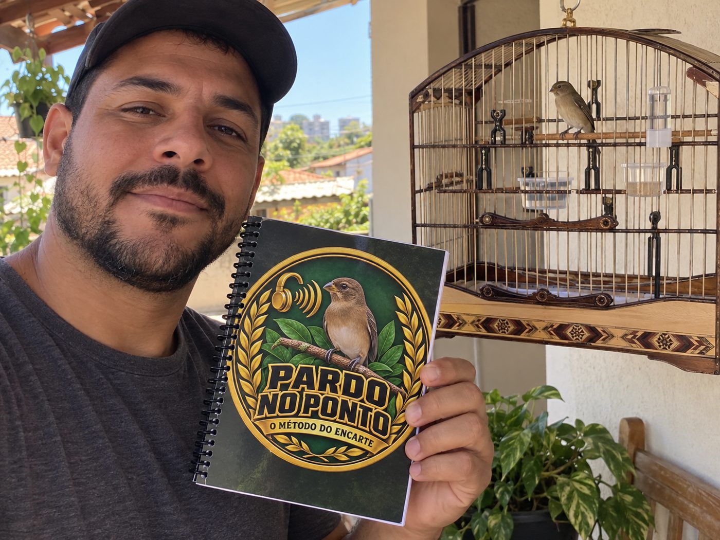 Criador segurando o guia Pardo no Ponto ao lado da gaiola com seu coleiro pardo